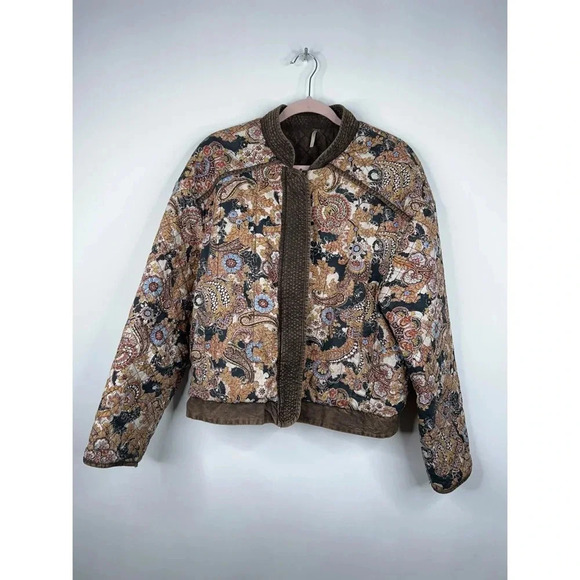 Free People Paisley Print Cotton Quilted Bomber Jacket Brown Great Escape Small - Picture 1 of 12